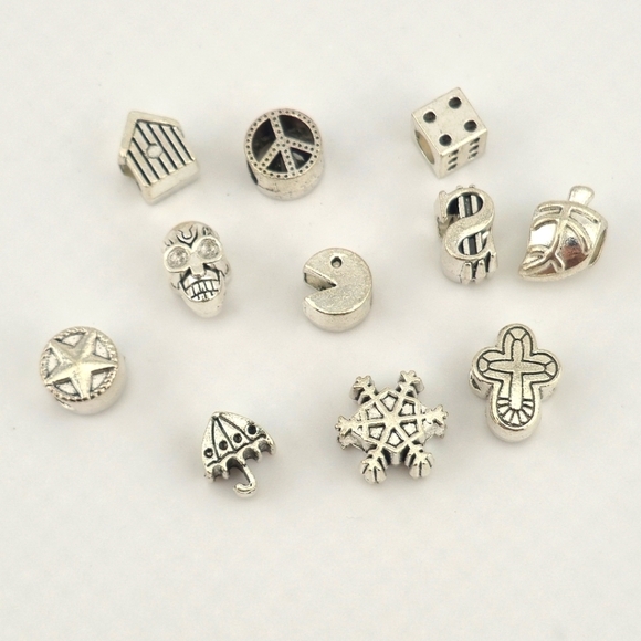 11pc Silver Tone Bead Lot w/ Dice Cross Peace Star Skull Snowflake - Picture 1 of 4